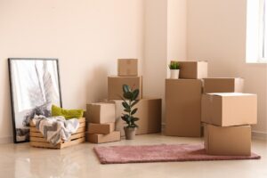 Moving boxes stacked in a sunlit room