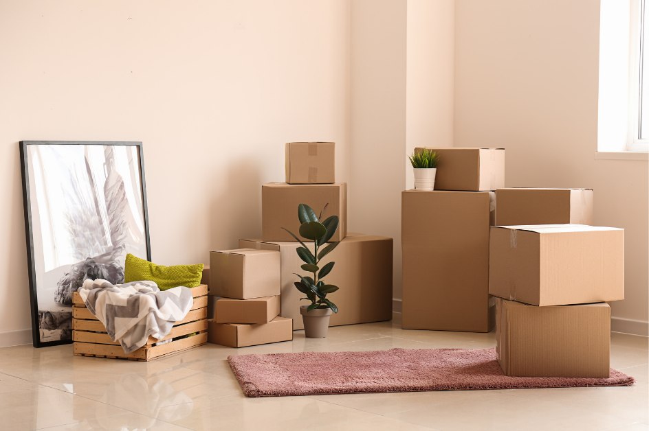 Moving boxes stacked in a sunlit room