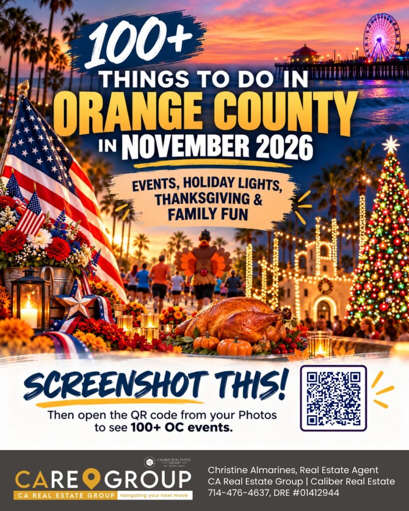 Graphic: 100+ things to do in Orange County in November 2026, with a Thanksgiving turkey, an American flag, a pier with a Ferris wheel and a lit holiday tree, and a QR code to the full list of events