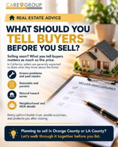 Real Estate Advice graphic: What should you tell buyers before you sell? Seller disclosures checklist on a clipboard with a small model house